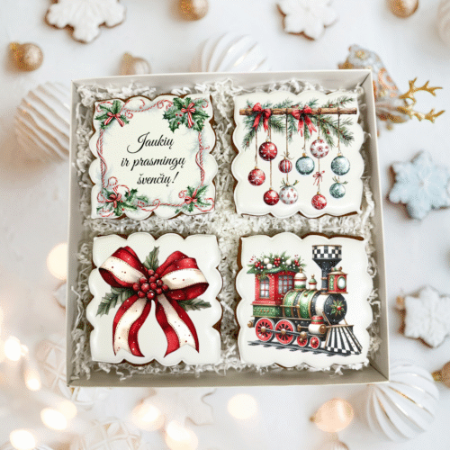 „Kalėdinis sveikinimas Nr. 7" dekoruotų meduolių rinkinys