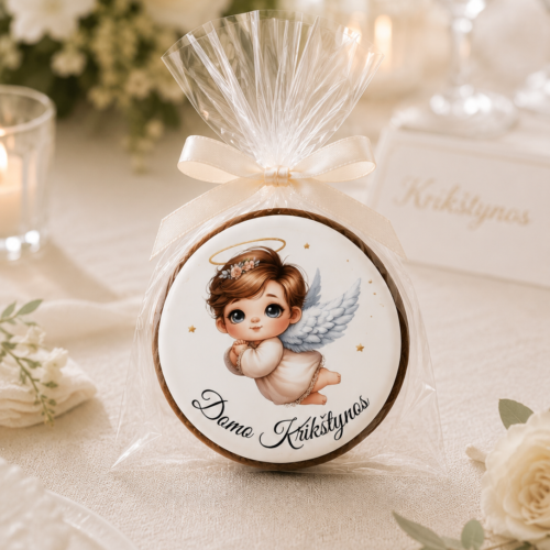 "Krikštynų angelėlis - berniukas" dekoruotas meduolis