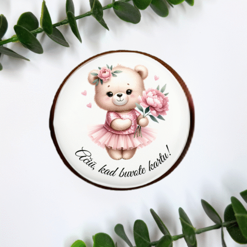 "Krikštynų meškutis su rausvais akcentais" dekoruotas meduolis